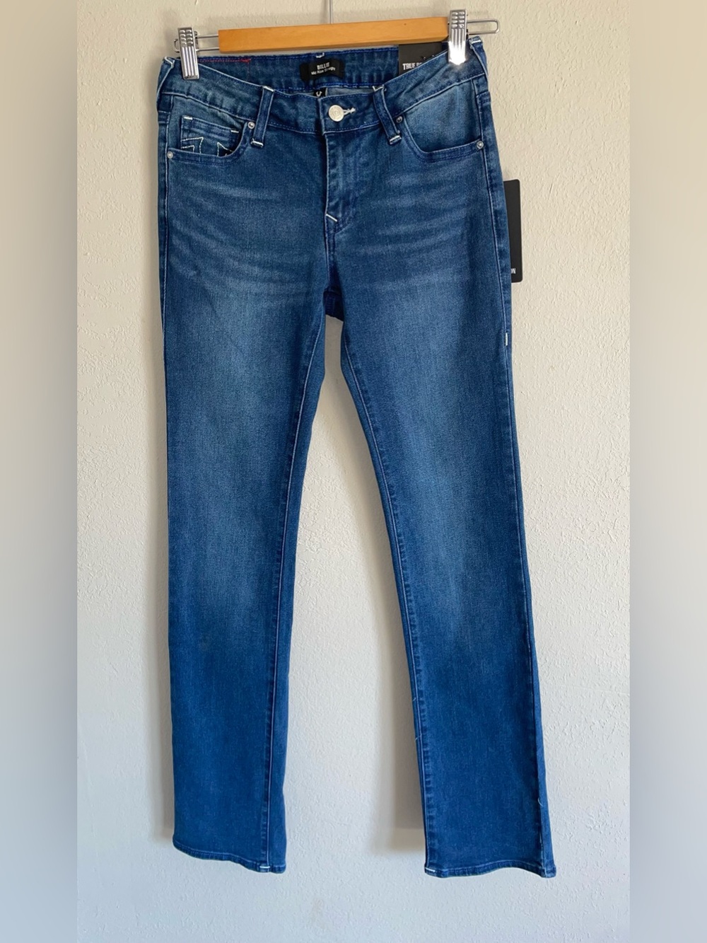 True Religion Women's Straight Jeans in Deep Blue Wash Billie mid rise